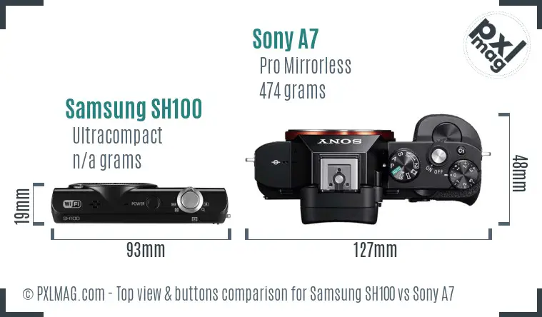Samsung SH100 vs Sony A7 top view buttons comparison