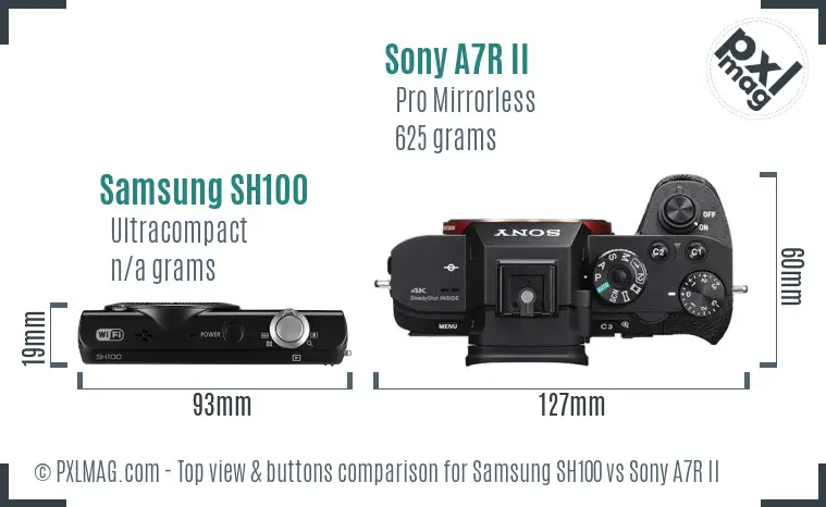 Samsung SH100 vs Sony A7R II top view buttons comparison
