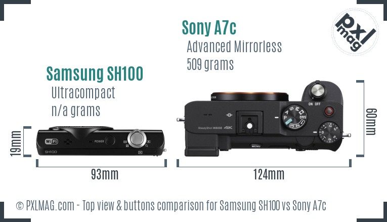 Samsung SH100 vs Sony A7c top view buttons comparison