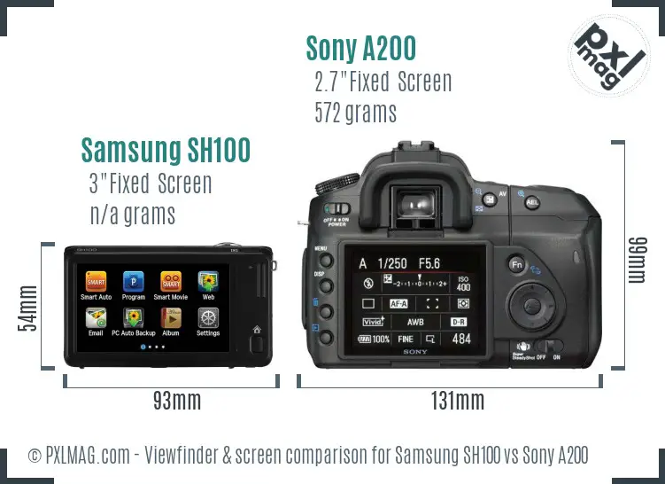 Samsung SH100 vs Sony A200 Screen and Viewfinder comparison