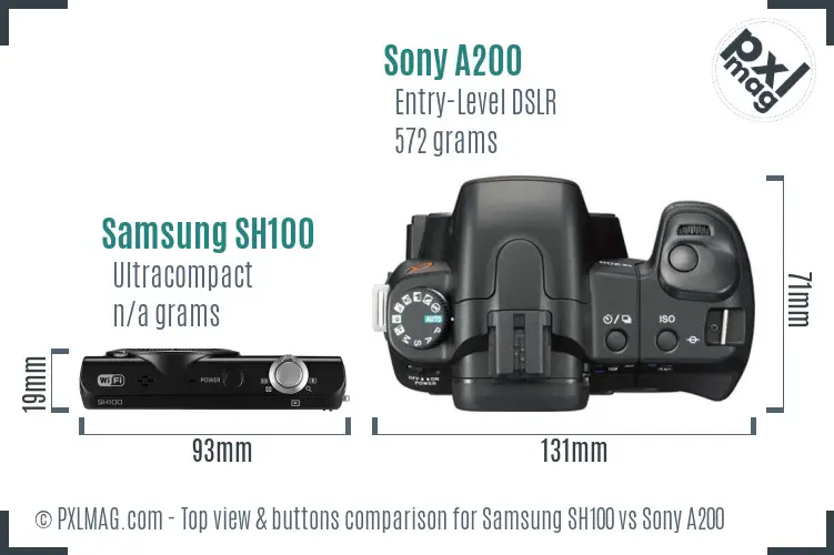 Samsung SH100 vs Sony A200 top view buttons comparison