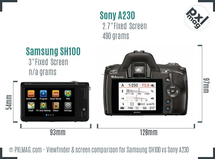 Samsung SH100 vs Sony A230 Screen and Viewfinder comparison