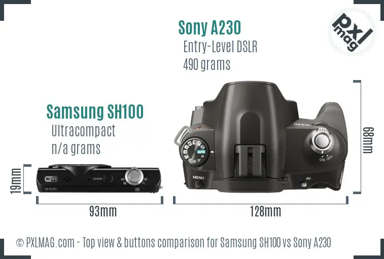 Samsung SH100 vs Sony A230 top view buttons comparison