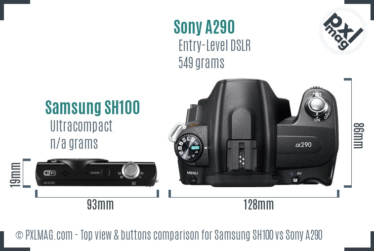 Samsung SH100 vs Sony A290 top view buttons comparison