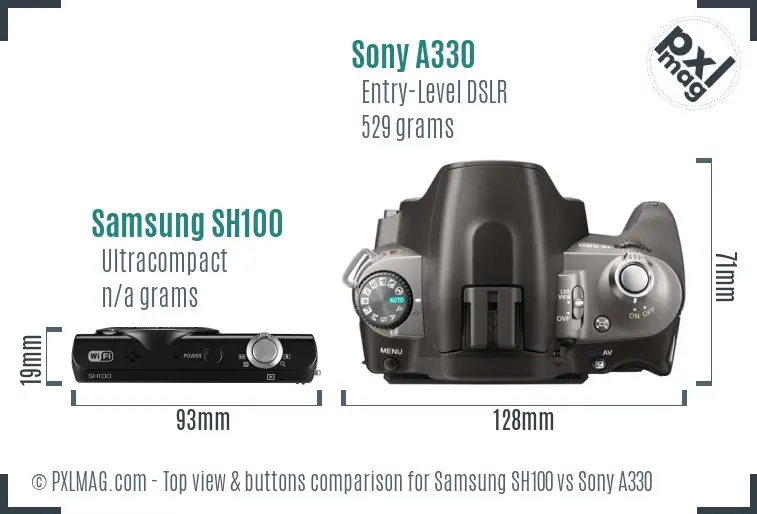 Samsung SH100 vs Sony A330 top view buttons comparison Samsung SH100 vs Sony A330 top view buttons comparison
