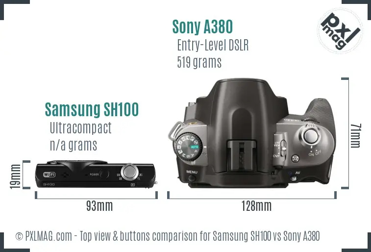 Samsung SH100 vs Sony A380 top view buttons comparison Samsung SH100 vs Sony A380 top view buttons comparison