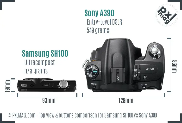 Samsung SH100 vs Sony A390 top view buttons comparison Samsung SH100 vs Sony A390 top view buttons comparison