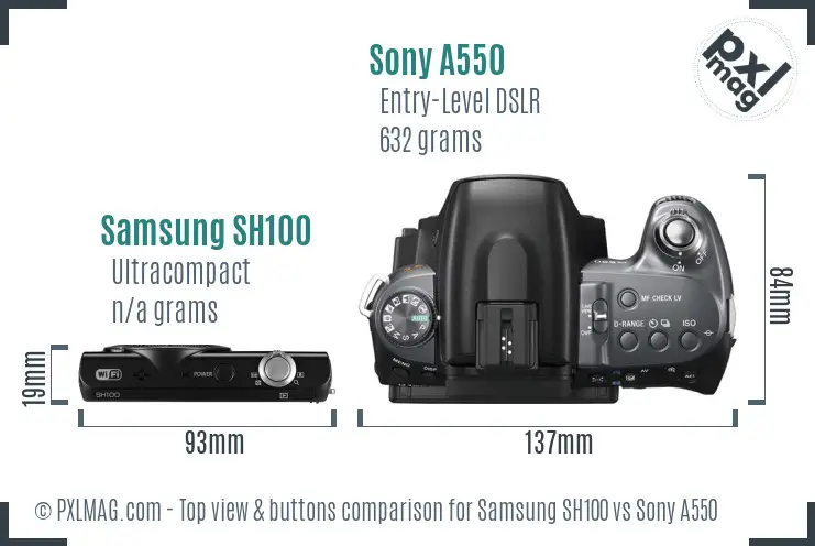 Samsung SH100 vs Sony A550 top view buttons comparison Samsung SH100 vs Sony A550 top view buttons comparison