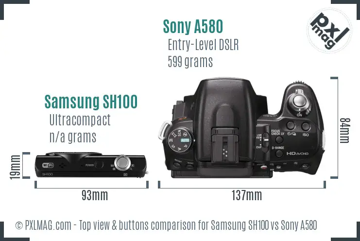 Samsung SH100 vs Sony A580 top view buttons comparison