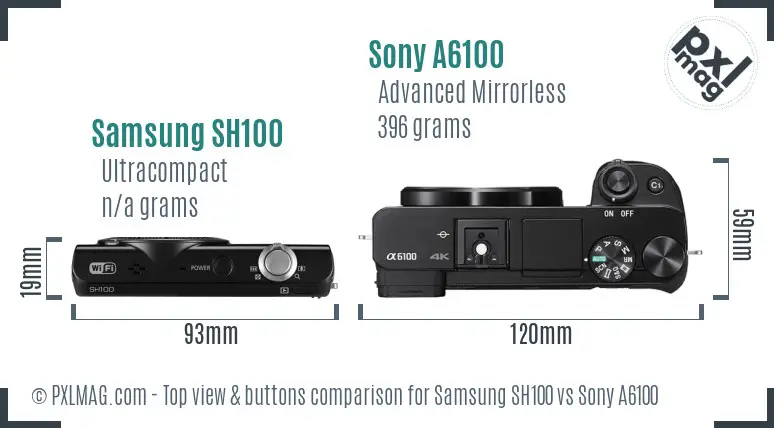 Samsung SH100 vs Sony A6100 top view buttons comparison Samsung SH100 vs Sony A6100 top view buttons comparison