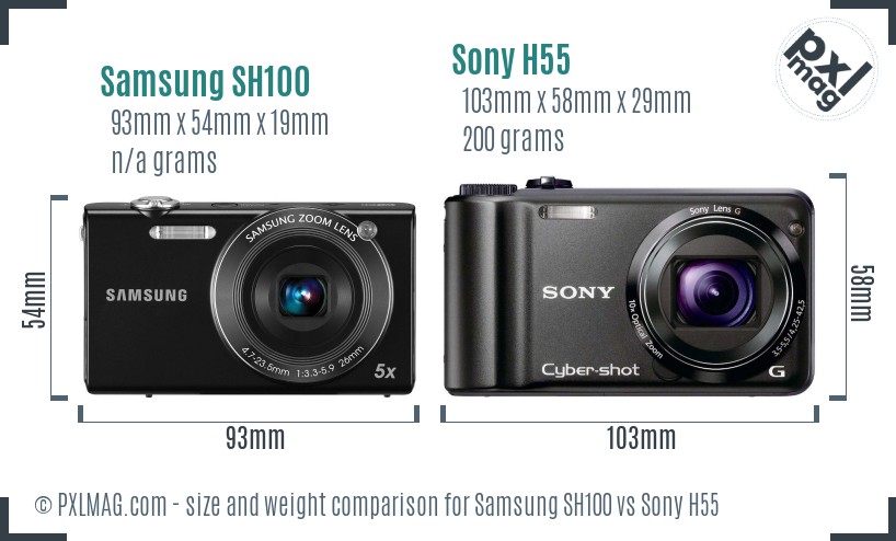 Samsung SH100 vs Sony H55 size comparison