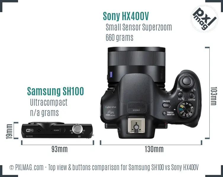 Samsung SH100 vs Sony HX400V top view buttons comparison Samsung SH100 vs Sony HX400V top view buttons comparison