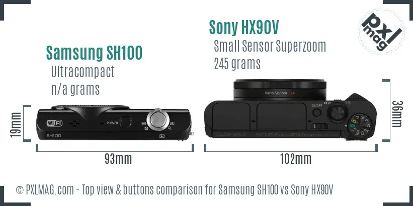 Samsung SH100 vs Sony HX90V top view buttons comparison Samsung SH100 vs Sony HX90V top view buttons comparison