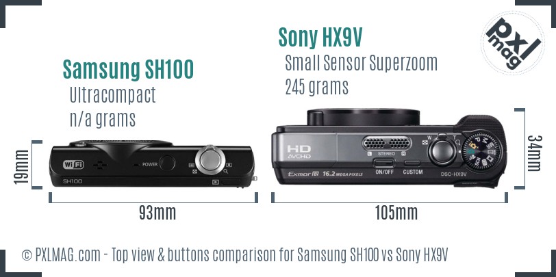 Samsung SH100 vs Sony HX9V top view buttons comparison