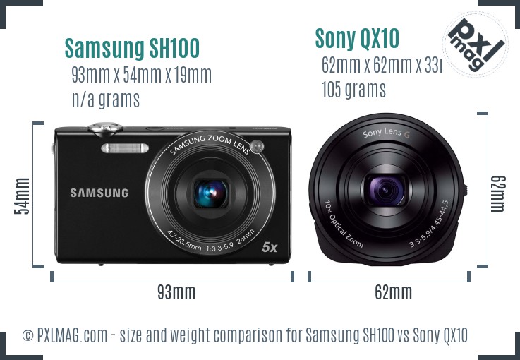 Samsung SH100 vs Sony QX10 size comparison