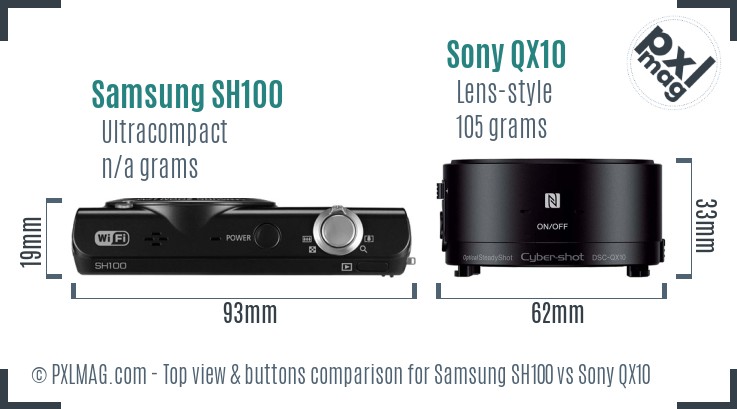 Samsung SH100 vs Sony QX10 top view buttons comparison