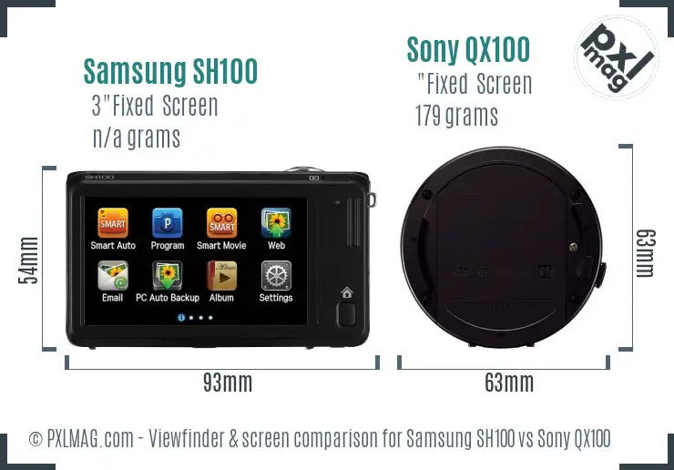 Samsung SH100 vs Sony QX100 Screen and Viewfinder comparison