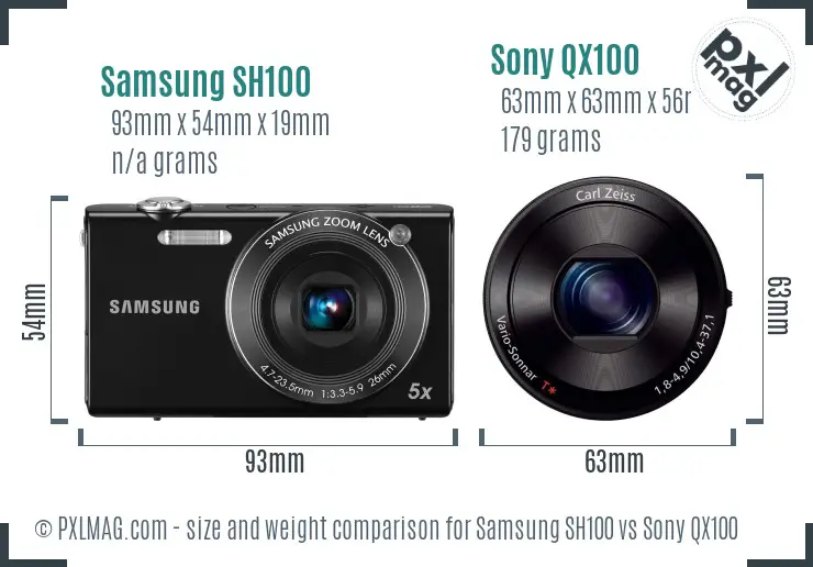 Samsung SH100 vs Sony QX100 size comparison