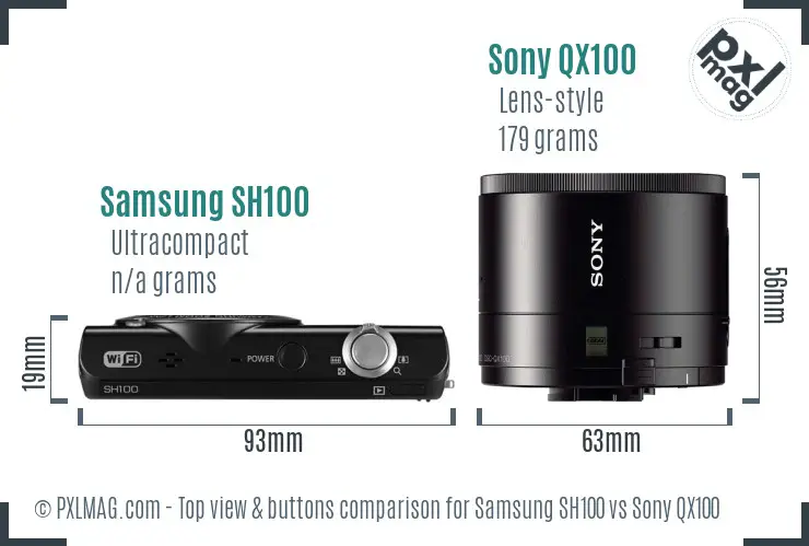 Samsung SH100 vs Sony QX100 top view buttons comparison