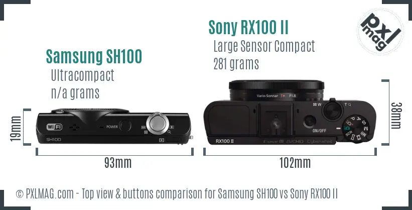 Samsung SH100 vs Sony RX100 II top view buttons comparison Samsung SH100 vs Sony RX100 II top view buttons comparison