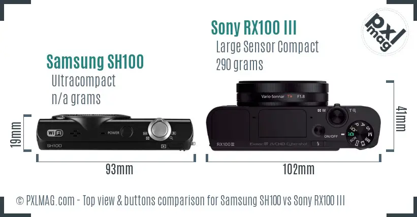 Samsung SH100 vs Sony RX100 III top view buttons comparison