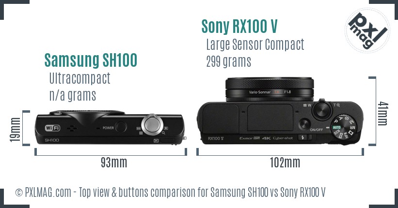 Samsung SH100 vs Sony RX100 V top view buttons comparison