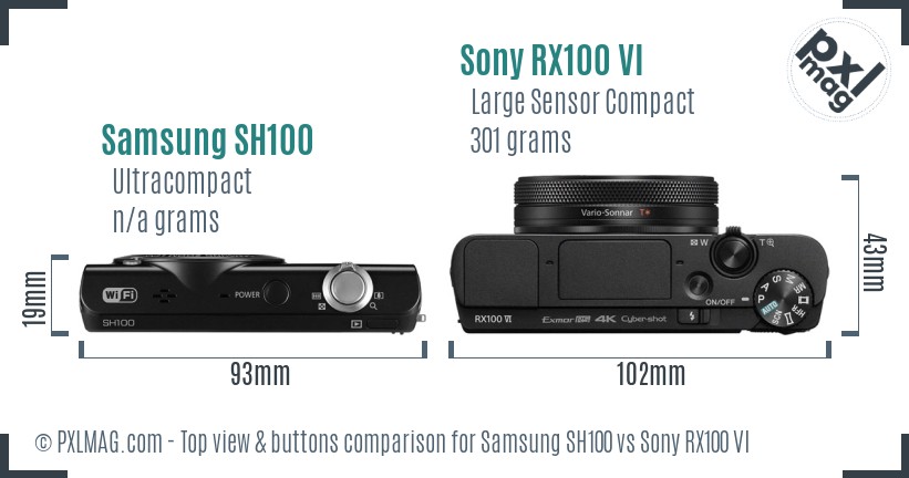 Samsung SH100 vs Sony RX100 VI top view buttons comparison
