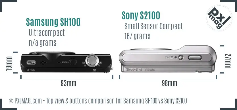 Samsung SH100 vs Sony S2100 top view buttons comparison Samsung SH100 vs Sony S2100 top view buttons comparison
