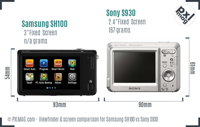 Samsung SH100 vs Sony S930 Screen and Viewfinder comparison