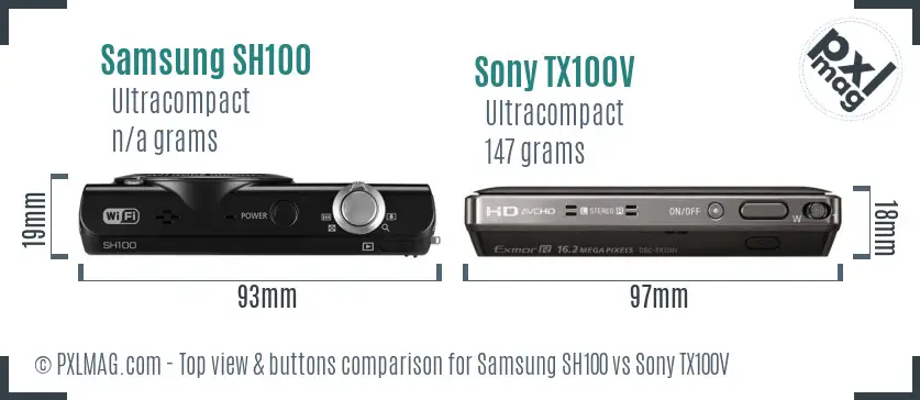Samsung SH100 vs Sony TX100V top view buttons comparison