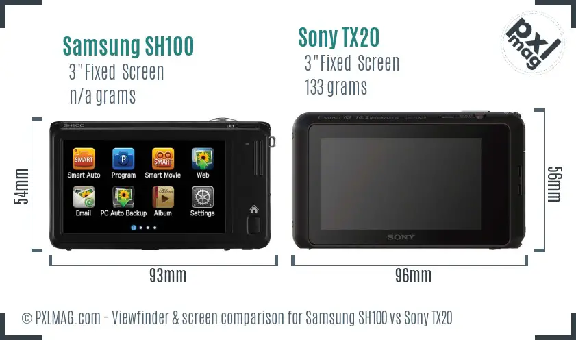 Samsung SH100 vs Sony TX20 Screen and Viewfinder comparison
