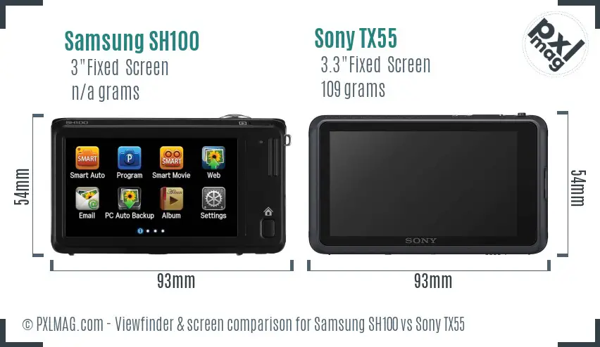 Samsung SH100 vs Sony TX55 Screen and Viewfinder comparison