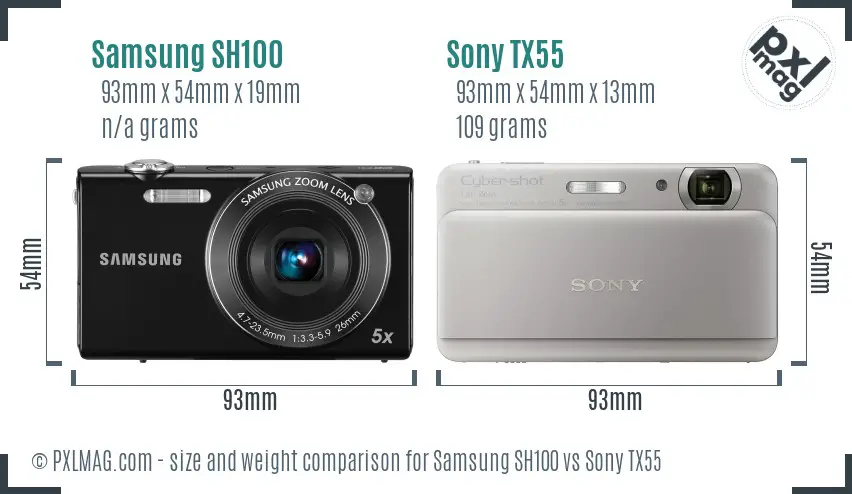 Samsung SH100 vs Sony TX55 size comparison