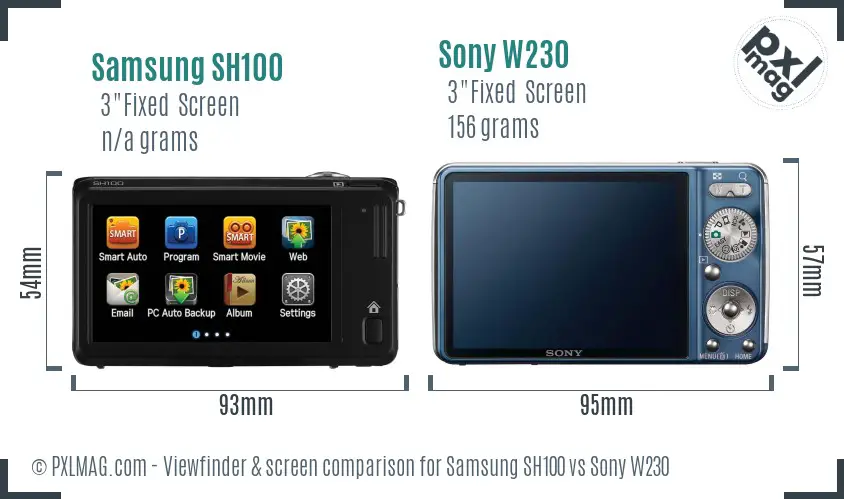 Samsung SH100 vs Sony W230 Screen and Viewfinder comparison