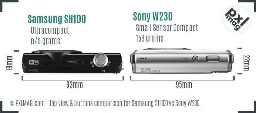 Samsung SH100 vs Sony W230 top view buttons comparison