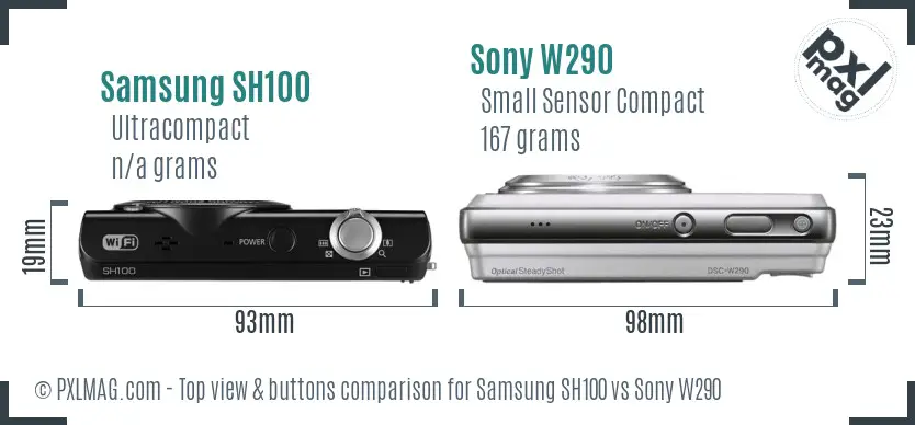 Samsung SH100 vs Sony W290 top view buttons comparison Samsung SH100 vs Sony W290 top view buttons comparison