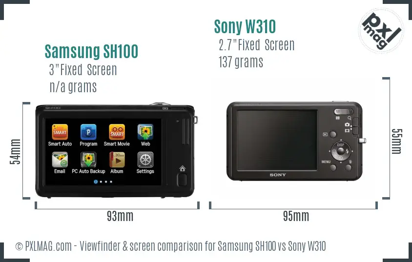Samsung SH100 vs Sony W310 Screen and Viewfinder comparison