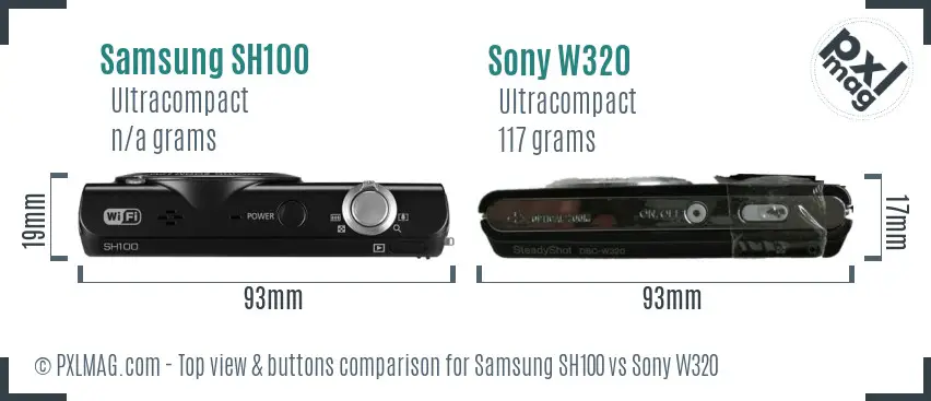 Samsung SH100 vs Sony W320 top view buttons comparison