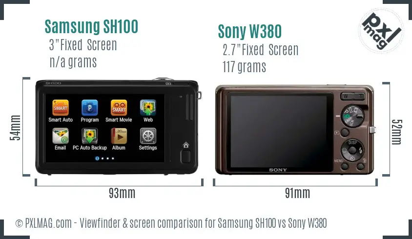 Samsung SH100 vs Sony W380 Screen and Viewfinder comparison