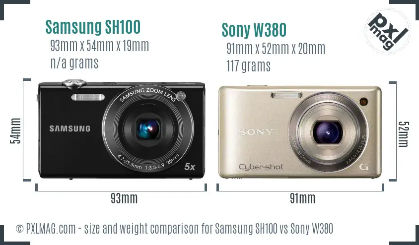 Samsung SH100 vs Sony W380 size comparison