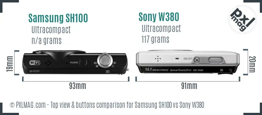Samsung SH100 vs Sony W380 top view buttons comparison