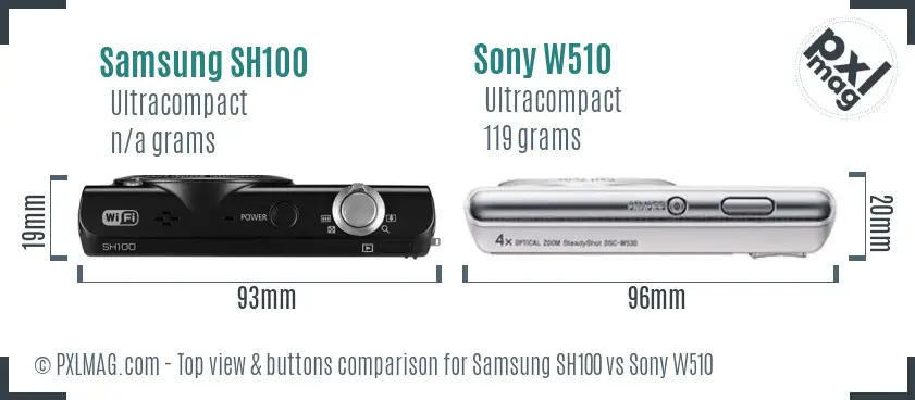 Samsung SH100 vs Sony W510 top view buttons comparison Samsung SH100 vs Sony W510 top view buttons comparison