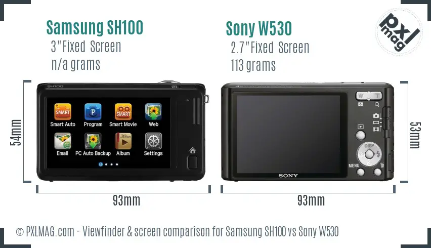 Samsung SH100 vs Sony W530 Screen and Viewfinder comparison