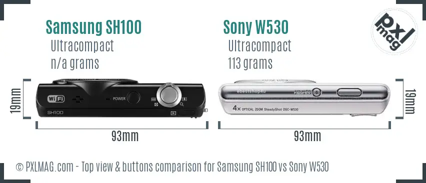 Samsung SH100 vs Sony W530 top view buttons comparison