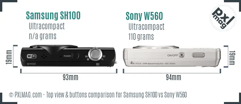 Samsung SH100 vs Sony W560 top view buttons comparison