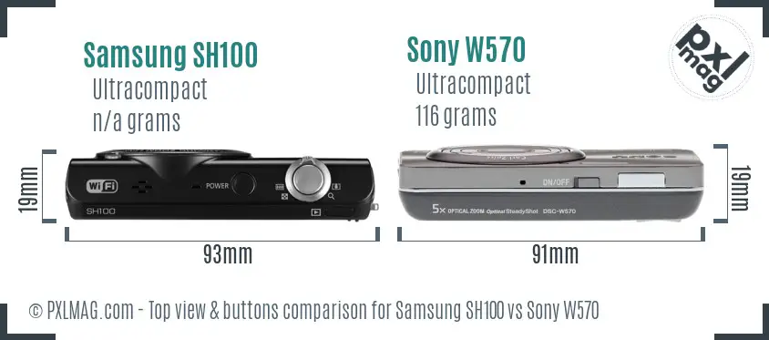 Samsung SH100 vs Sony W570 top view buttons comparison