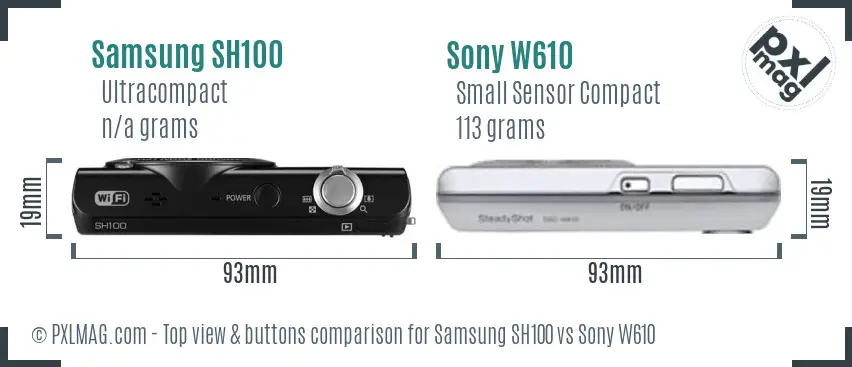 Samsung SH100 vs Sony W610 top view buttons comparison Samsung SH100 vs Sony W610 top view buttons comparison