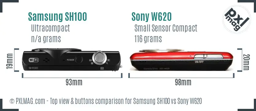 Samsung SH100 vs Sony W620 top view buttons comparison Samsung SH100 vs Sony W620 top view buttons comparison