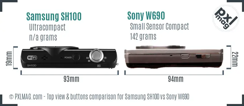 Samsung SH100 vs Sony W690 top view buttons comparison Samsung SH100 vs Sony W690 top view buttons comparison
