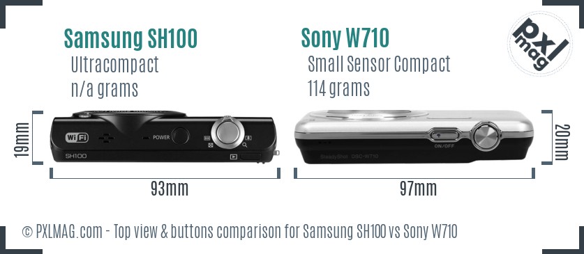 Samsung SH100 vs Sony W710 top view buttons comparison